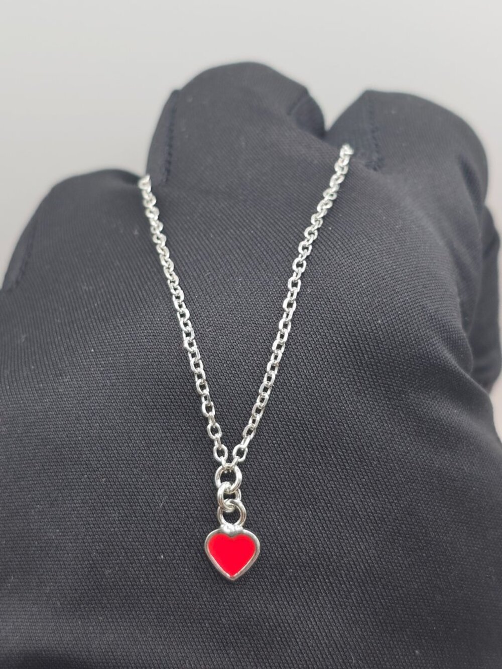Sterling Silver 925 Rhodium Plated Rolo Link Red Enamel Heart Bracelet - Picture 13 of 15